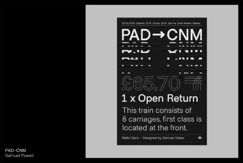 Bold black and white typography poster with modern design featuring train ticket details. Ideal for graphic design projects and font mockups. Metro Sans font.