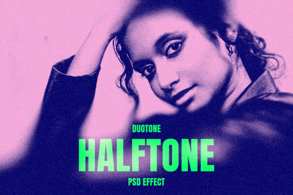 Duotone halftone portrait, lime green text overlay on pink navy gradient background