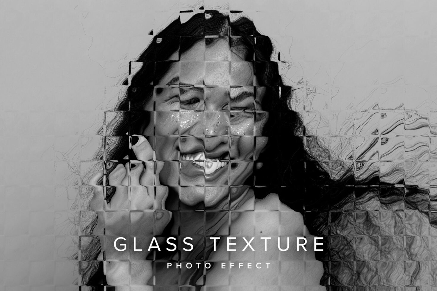 Black portrait photo split into glass tiles creating fragmented effect