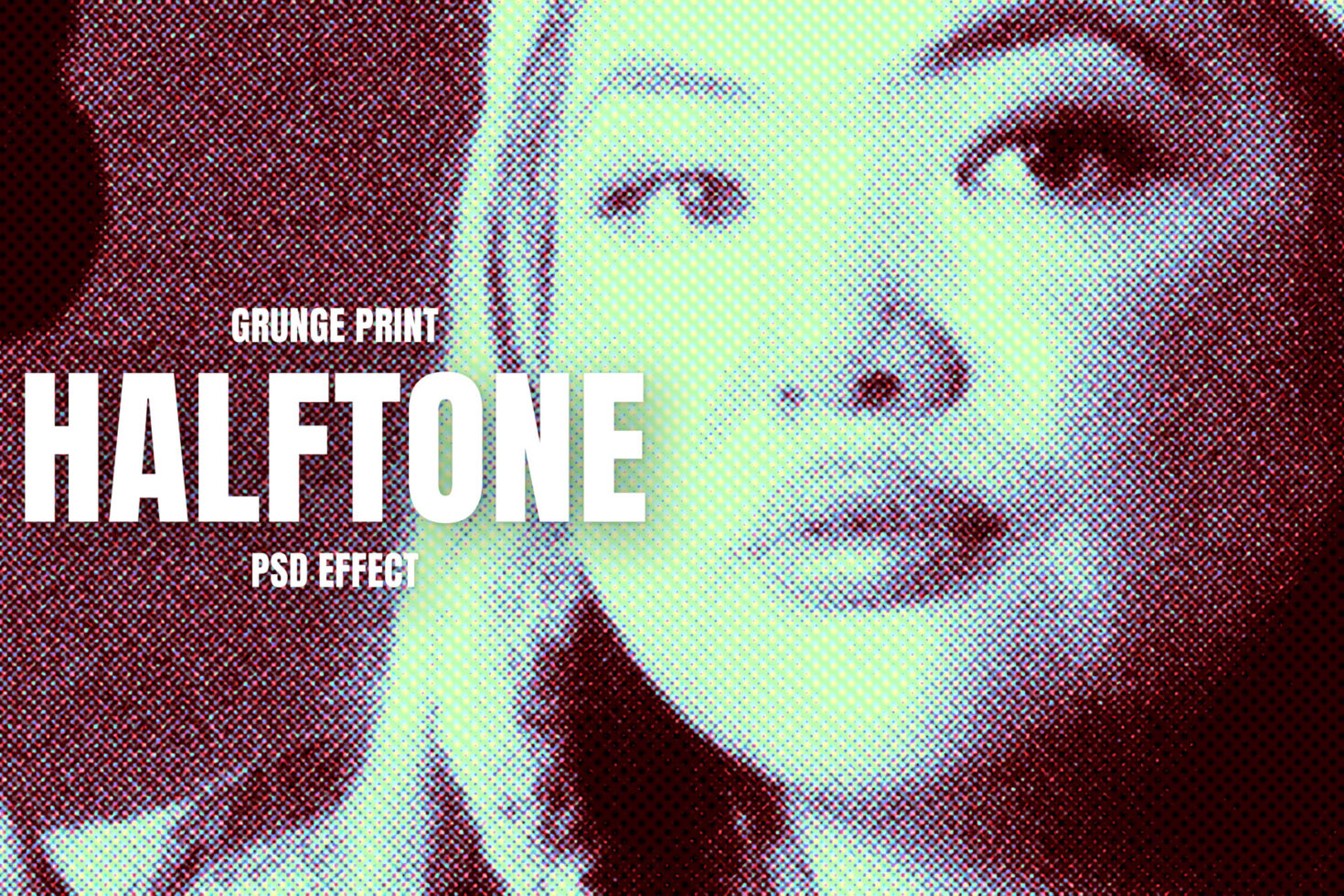 Person's face in RGB grunge print halftone with red yellow cyan dots
