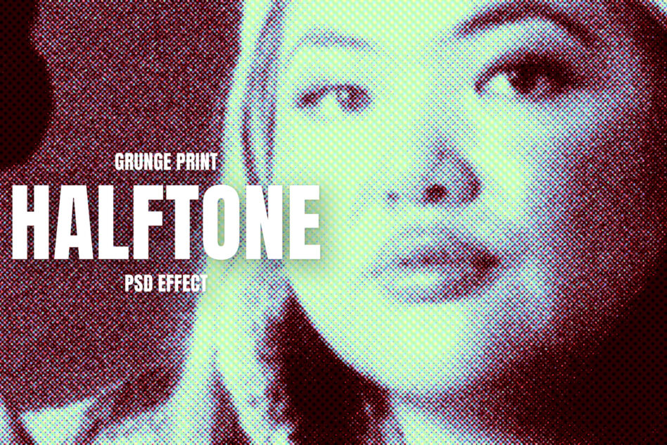 Person's face in RGB grunge print halftone with red yellow cyan dots