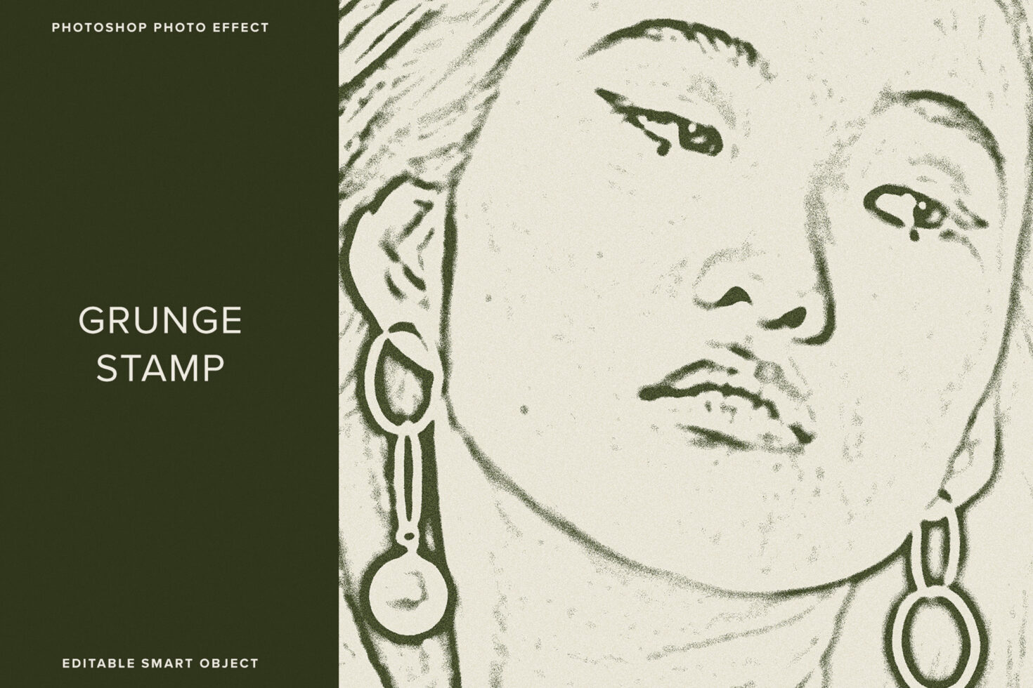 Woman's face with green sketch effect, earrings, grunge stamp Photoshop texture