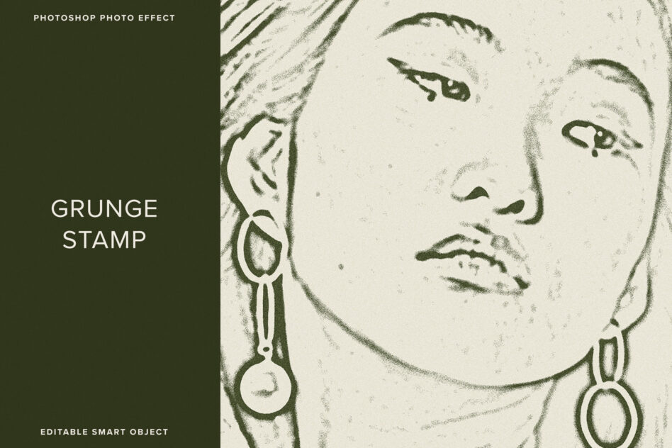 Woman's face with green sketch effect, earrings, grunge stamp Photoshop texture