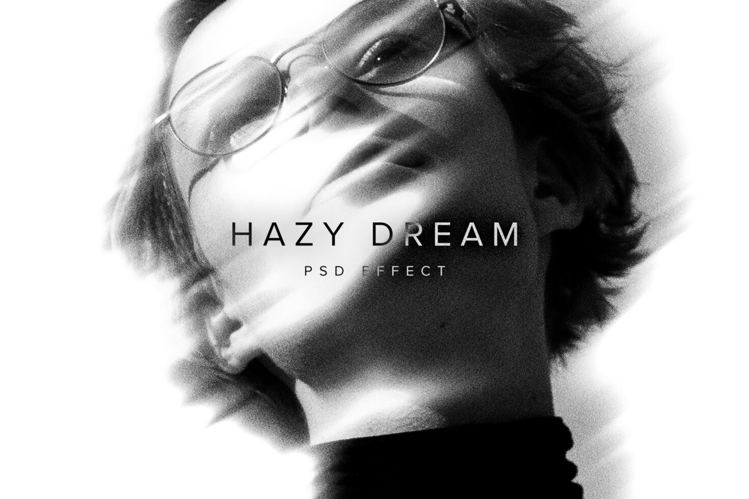 Black-white soft focus portrait with Hazy Dream text overlay, dreamy film grain effect
