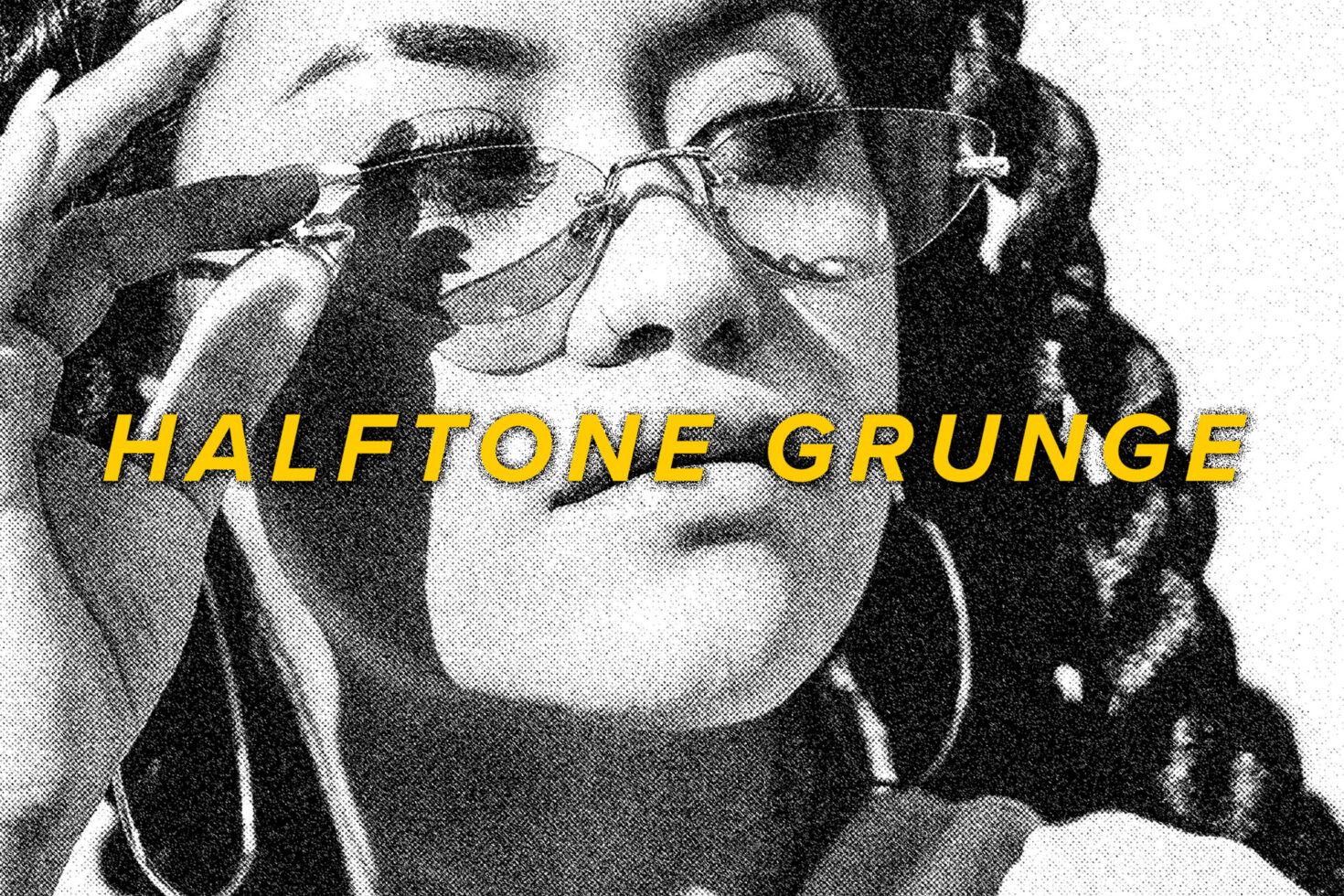 Halftone black white vintage group photo with yellow text overlay