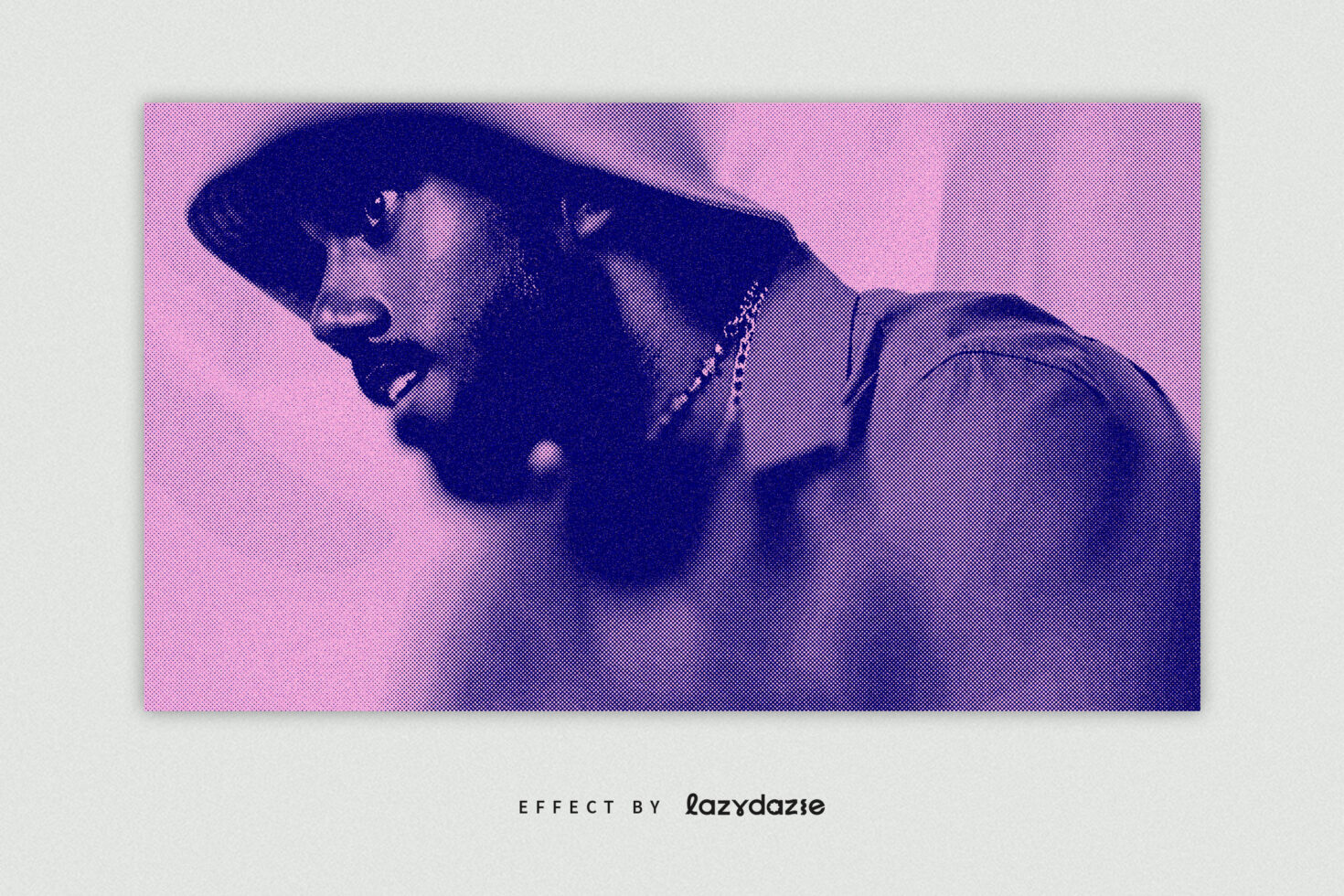 Portrait fading pink to navy, duotone halftone with visible dot screen pattern