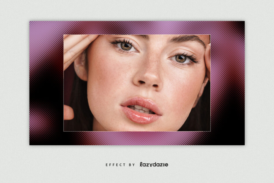 Close-up face in purple halftone frame with gradient border effect