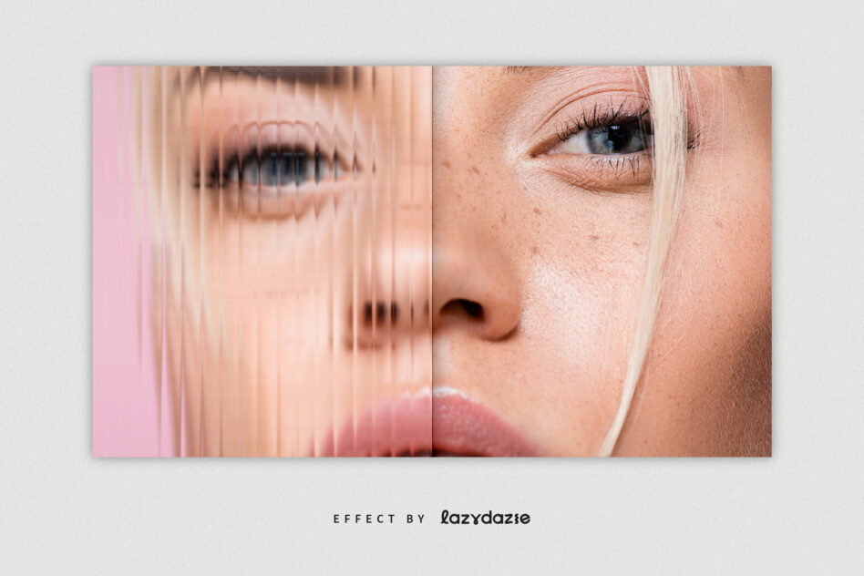 Closeup face portrait with pink background, vertical line blur effect