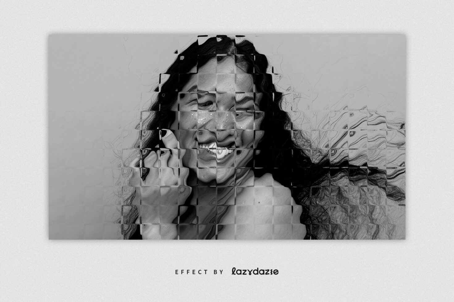Black white portrait divided into shattered tile pattern with liquid effect