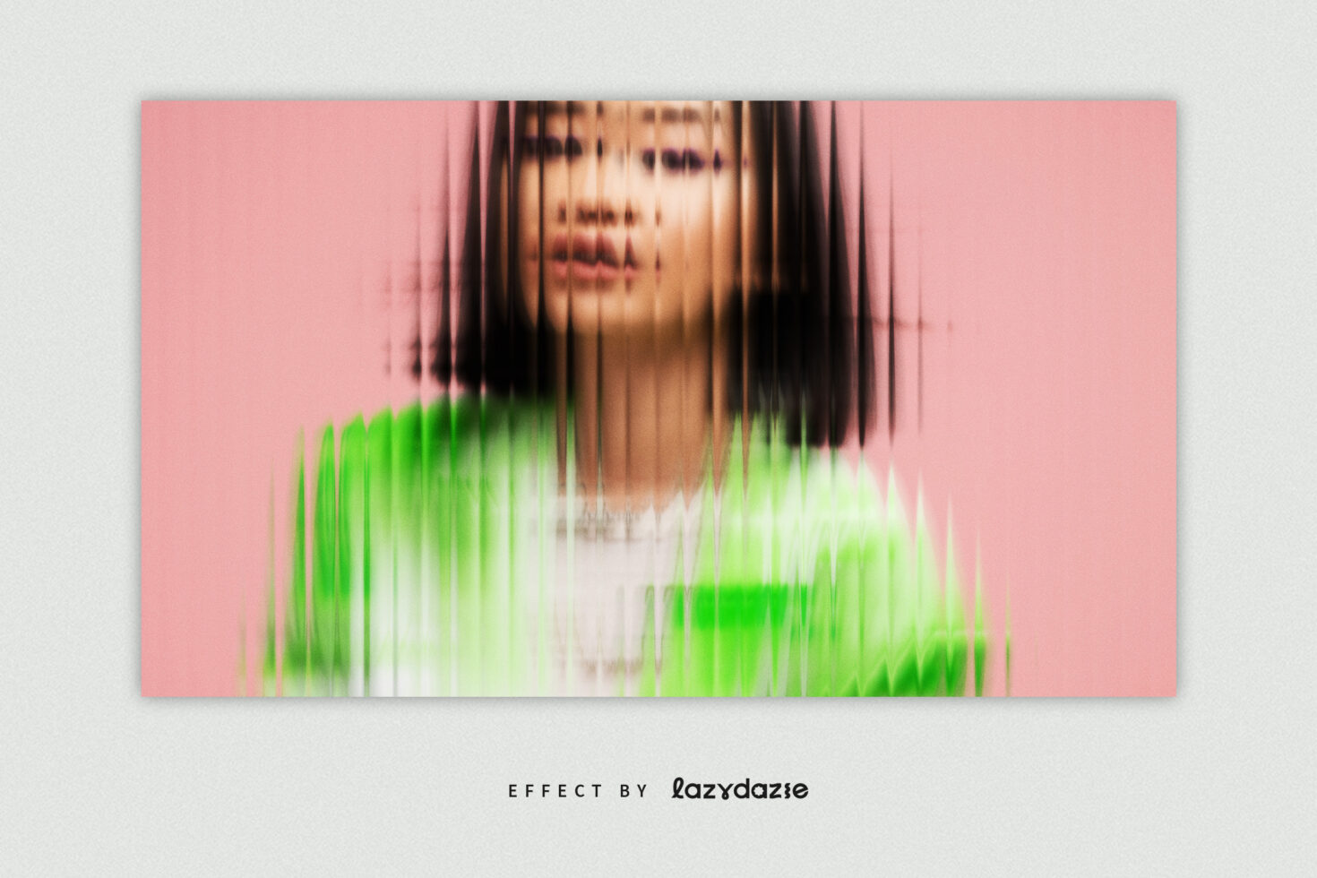 Portrait with bright green scanline effect overlay on pink color background