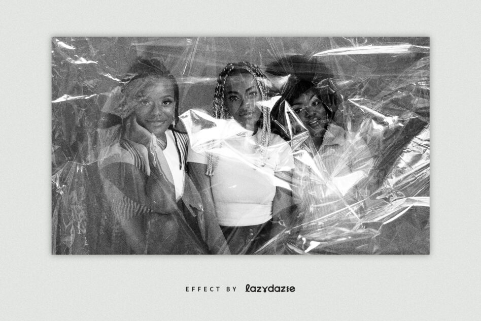 Three people in black and white with clear plastic wrap distortion effect
