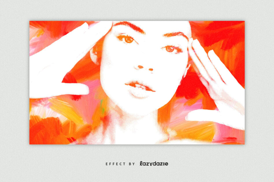 Bold halftone portrait with orange, pink, yellow gradient paint strokes