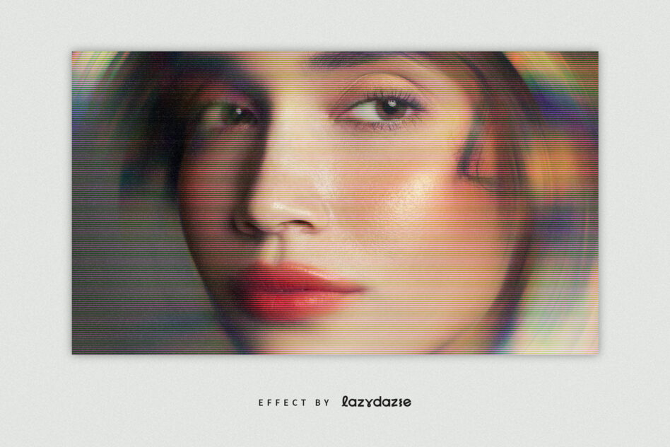 Close-up of woman's face with horizontal scan lines creating retro VHS effect