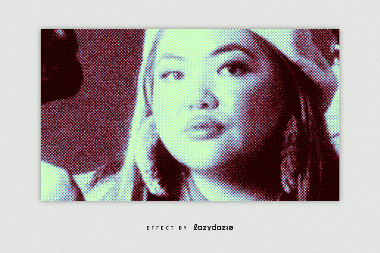 Woman's face split between color photo left, neon halftone right side
