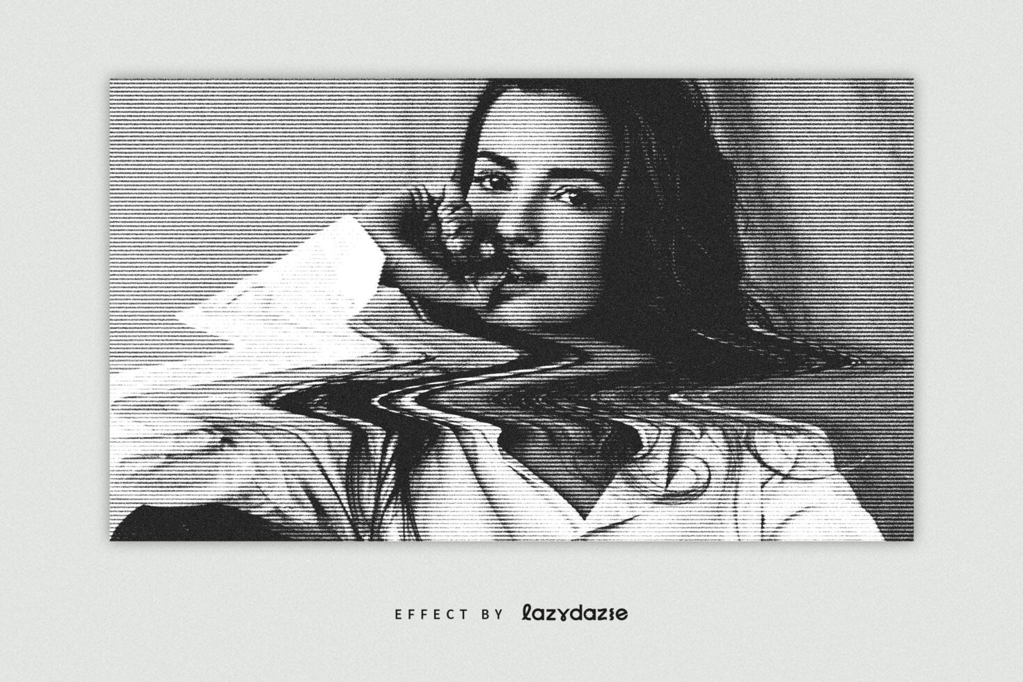 Portrait with horizontal line scan effect creating glitchy black-and-white distortion
