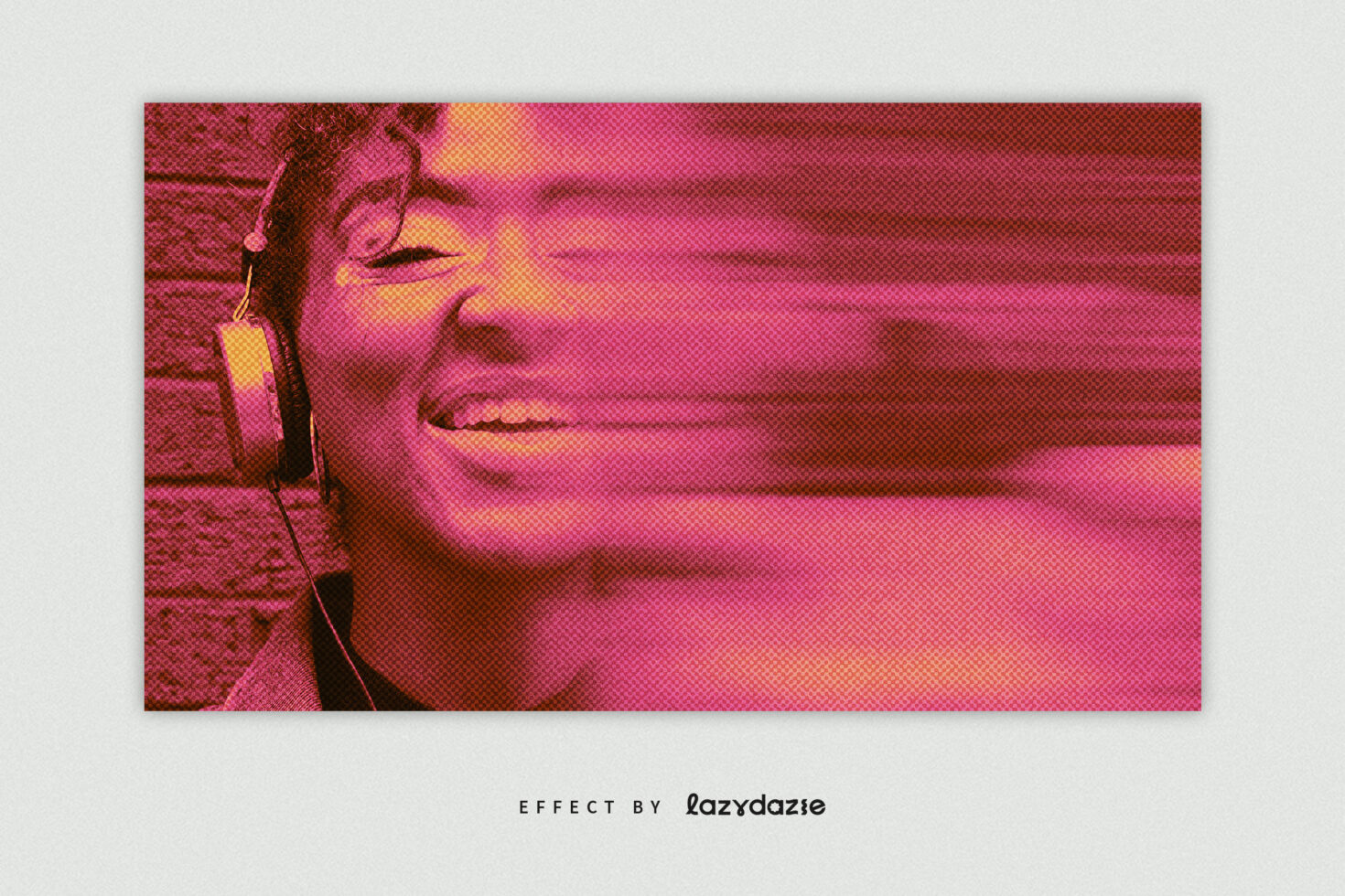 Pink halftone portrait with warm tones showing person with headphones