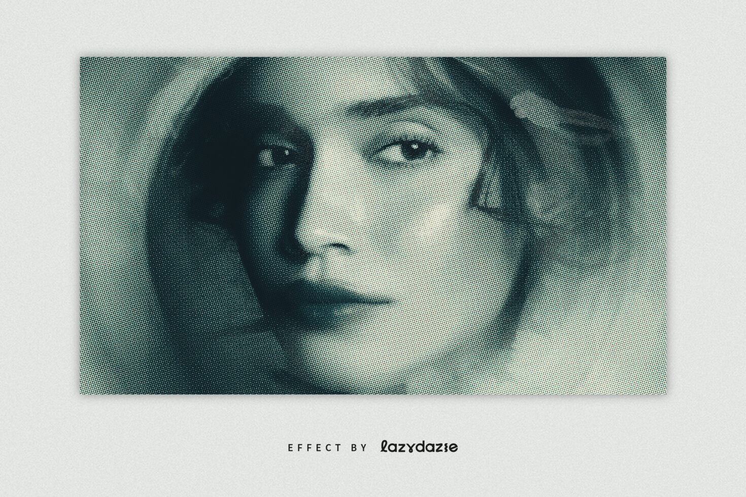 Grayscale halftone portrait of a woman's face with contemplative gaze
