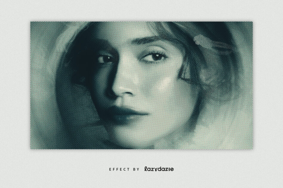 Grayscale halftone portrait of a woman's face with contemplative gaze