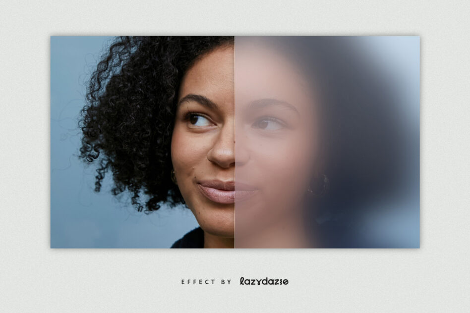 Portrait split in half showing sharp detail on left, blurred faded effect on right
