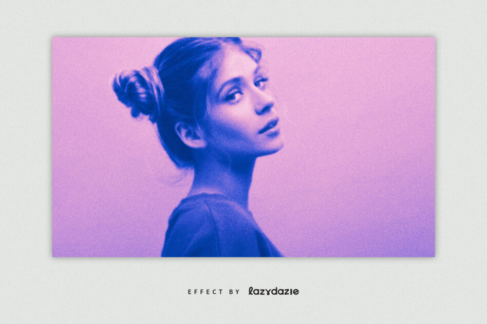 Woman in profile against pink background with blue duotone overlay