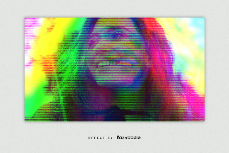 Colorful scanlines distort a person's face with neon rainbow hues