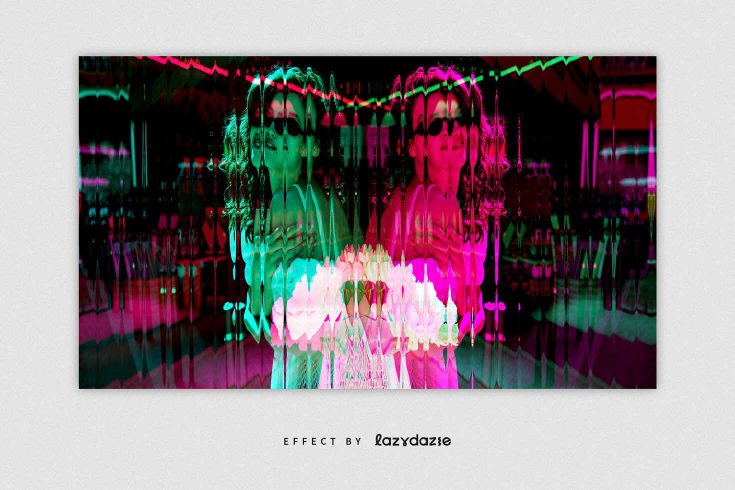 Neon glitch effect with cyan magenta pink dripping liquid overlaid on faces