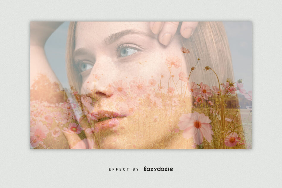 Close-up of woman's face blended with delicate pink wildflowers soft dreamy