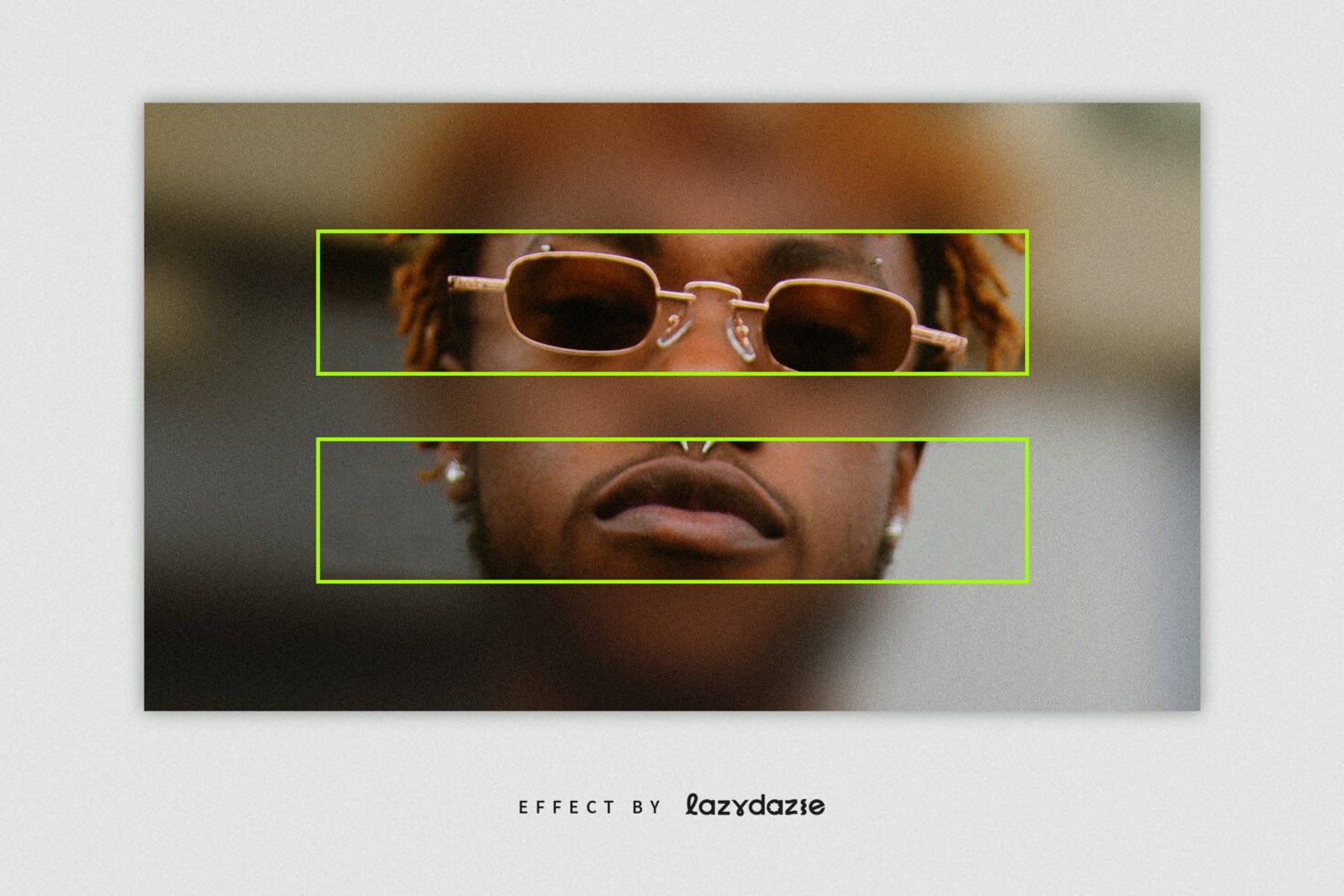 Person wearing brown oval sunglasses with neon green border frames mockup