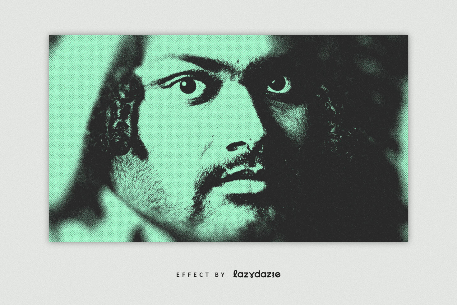 Man's bearded face with mint green halftone pixelated duotone effect