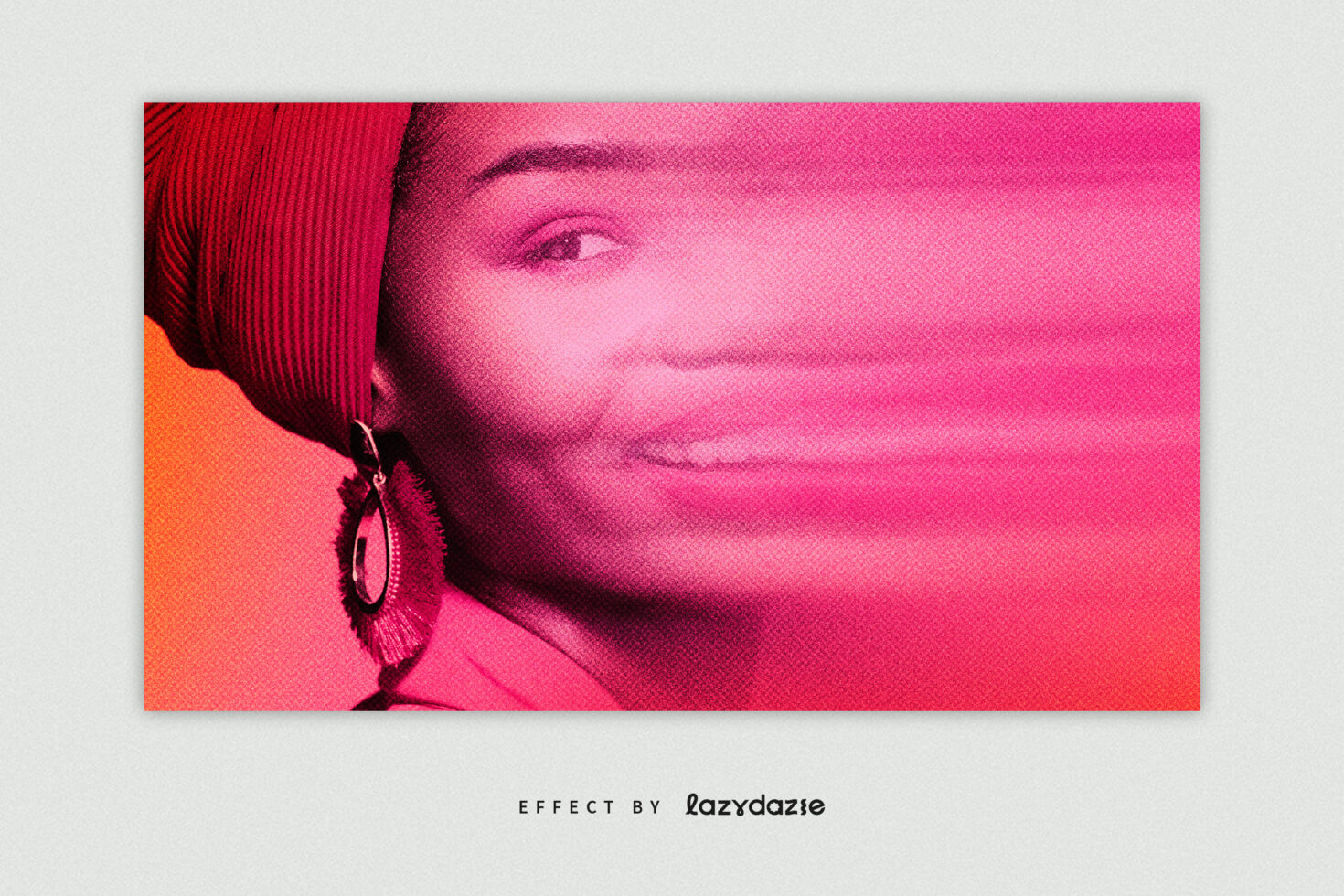 Woman's portrait wearing beanie with warm orange pink halftone effect applied