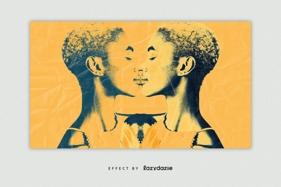 Two-tone silhouette portrait in yellow blue with grainy distressed look