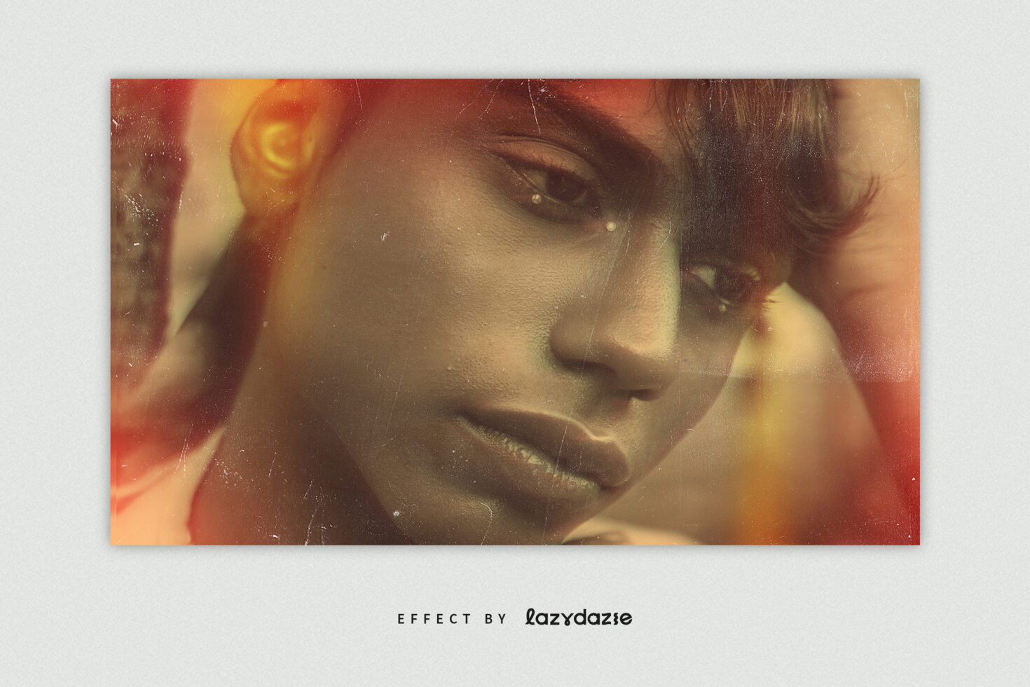 Close-up face with warm sepia glow, heavy film grain texture applied