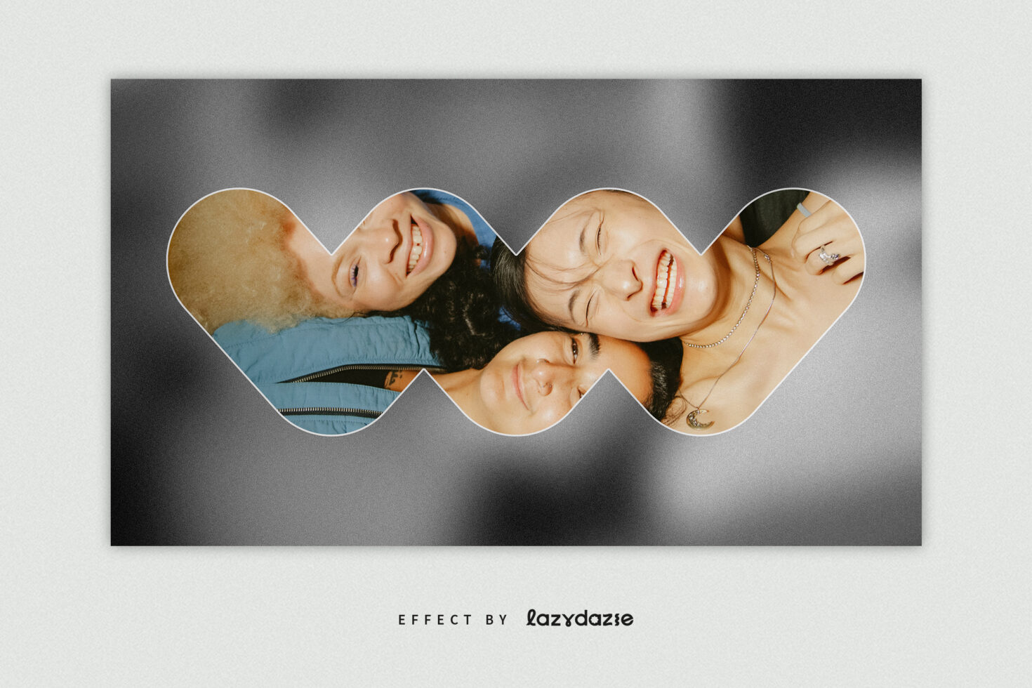 Three smiling people in wavy frame shapes on neutral backdrop
