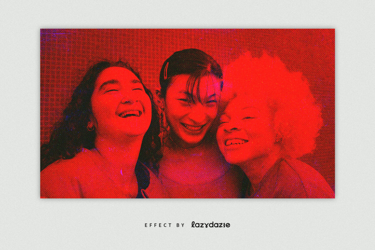 Three smiling women with red duotone effect overlaid on their faces
