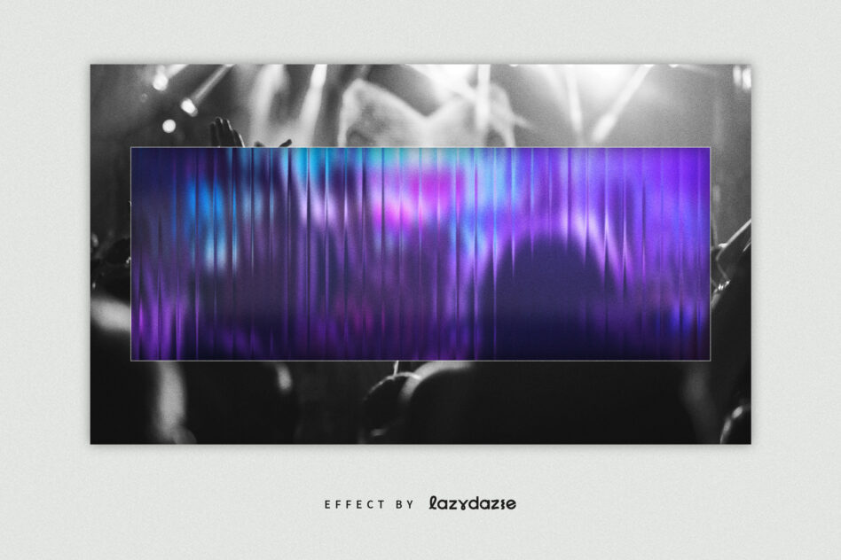Purple blue audio waveform equalizer bars overlaid on black white blurred background