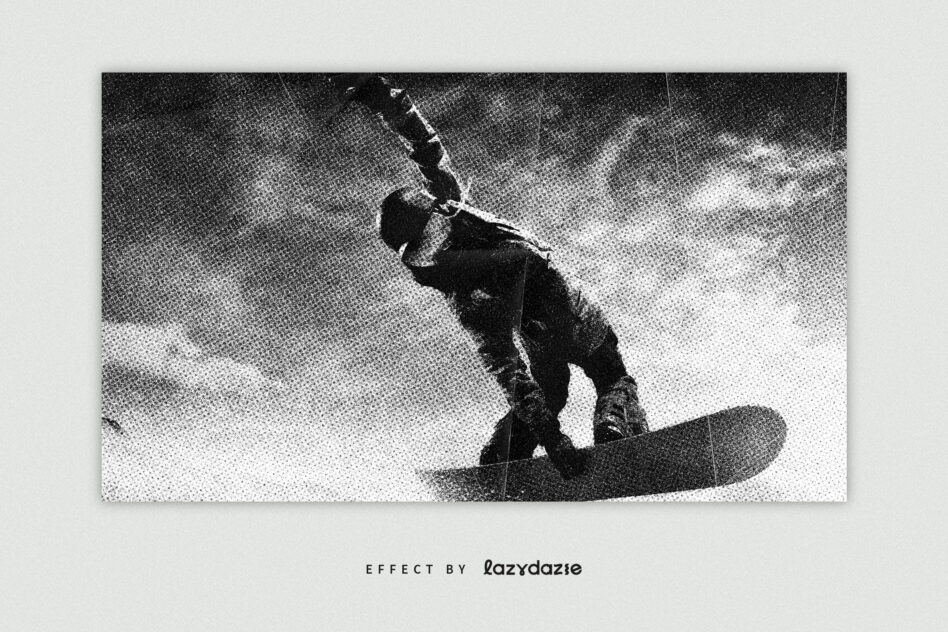 Wakeboard rider mid-air, halftone dots with scattered particle effect