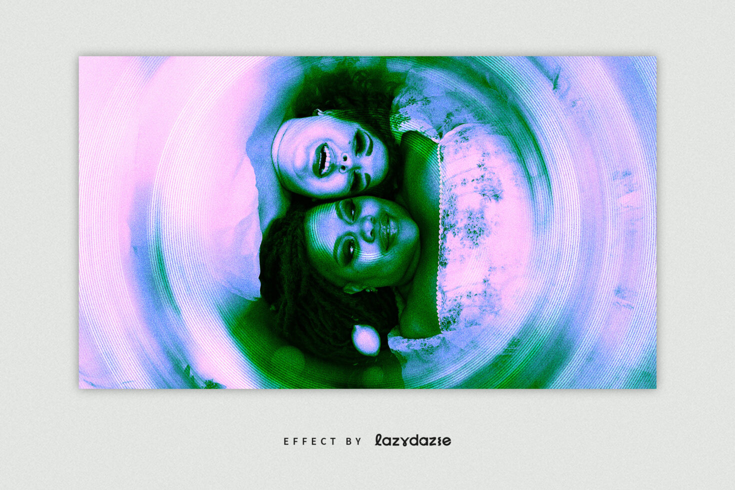 Two people with upside down faces in pink green neon scanline effect