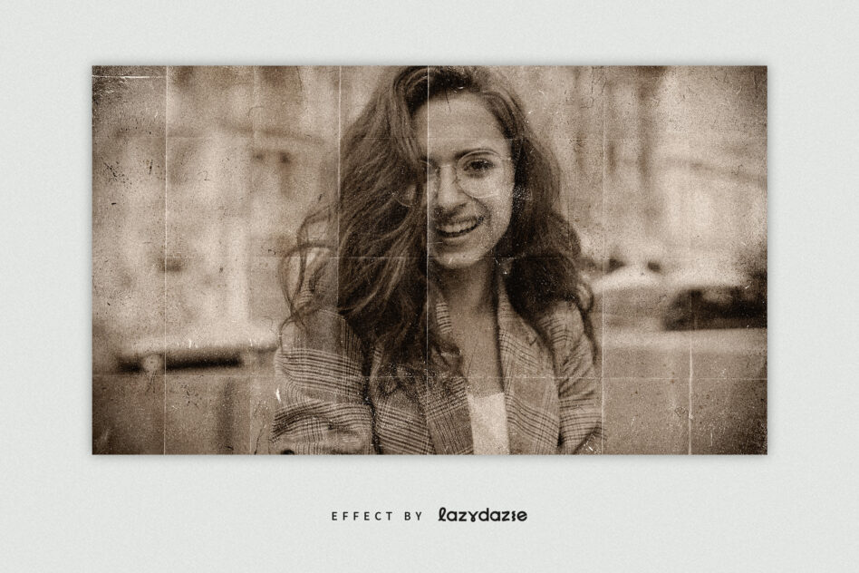 Vintage portrait broken into horizontal tile sections with gritty film effect
