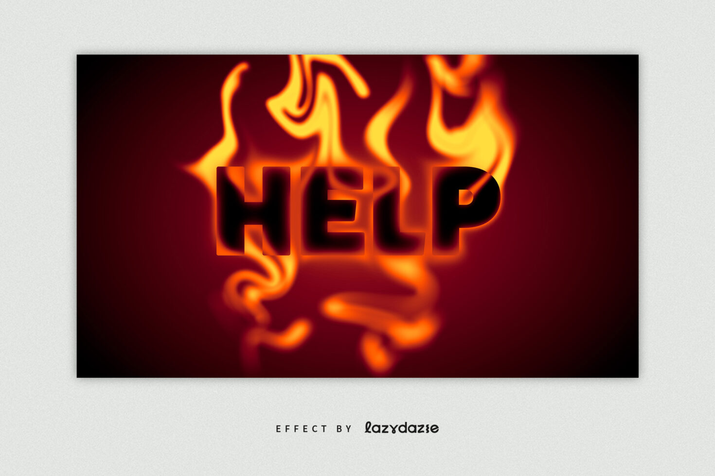 Burning text saying HELP surrounded by orange flames, dark red backdrop