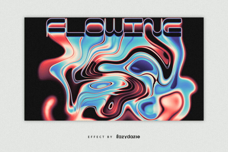 Flowing text in neon outline with liquid distorted shapes red blue cyan glow