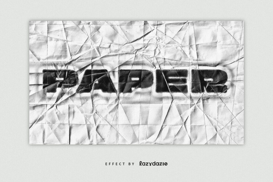 Black text on crinkled white paper with geometric line pattern