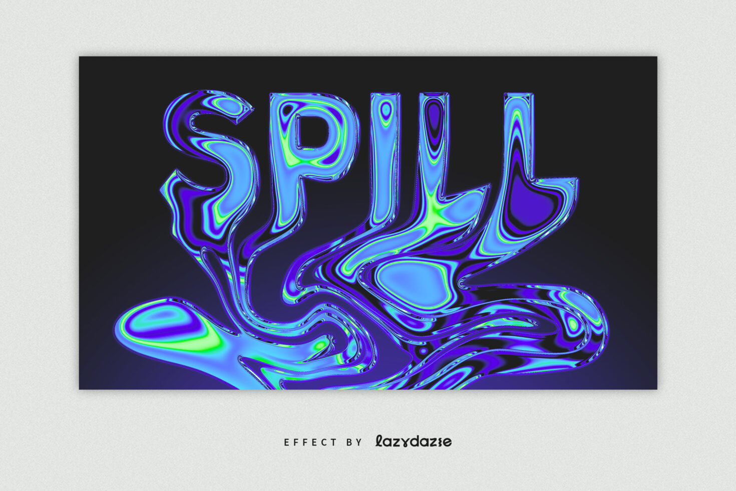 Spill text in iridescent chrome liquid effect neon glow over black