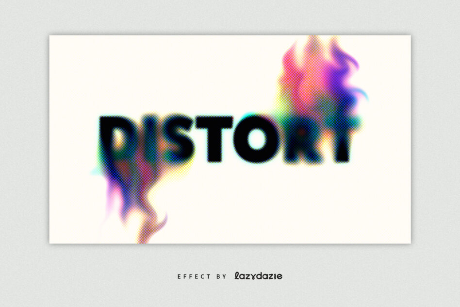DISTORT text with cyan glitch lines, colorful pixelated blur morphing behind letters