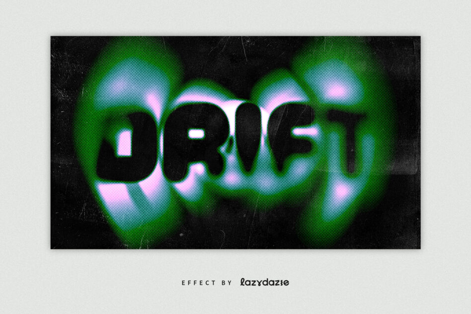 Glitchy DRIFT text with green magenta halo effect on dark grunge backdrop