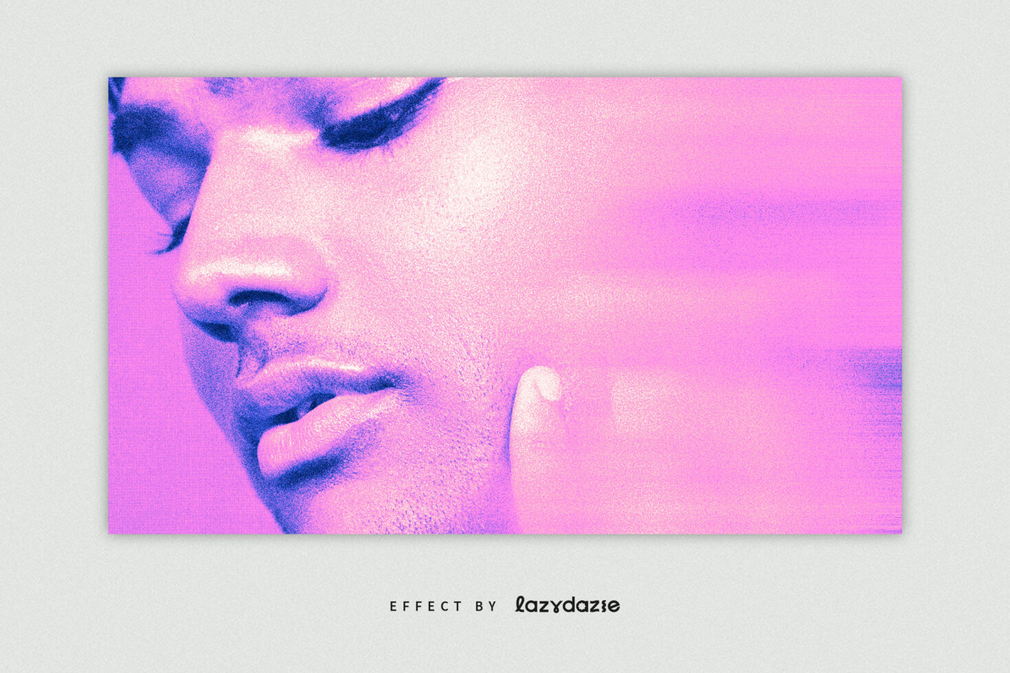Close-up face profile with magenta blue duotone grain overlay