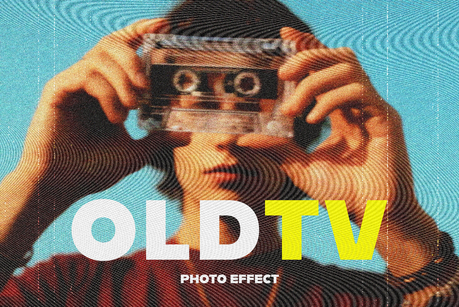 Hands holding old camcorder with scan line effect, cyan background, Old TV Photo Effect text