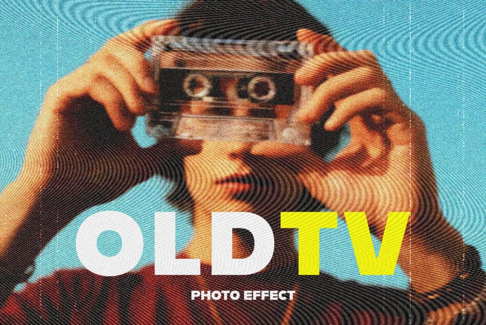 Hands holding old camcorder with scan line effect, cyan background, Old TV Photo Effect text