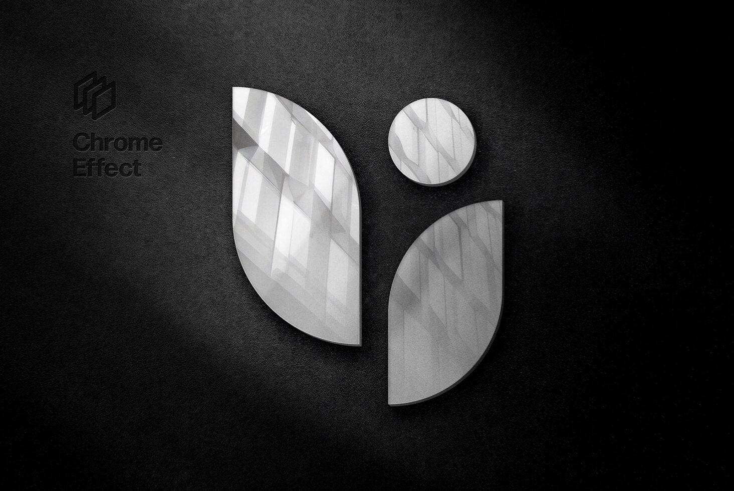 Chrome effect 3D logo showing curved geometric shapes with glass overlay