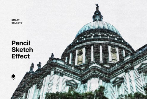 Classical dome building with pencil sketch overlay effect on white background