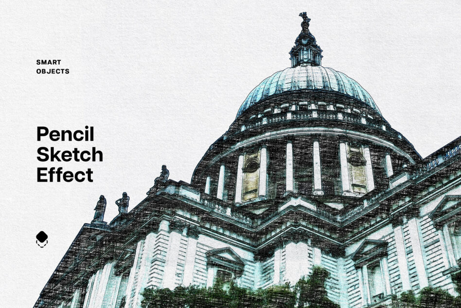 Classical dome building with pencil sketch overlay effect on white background